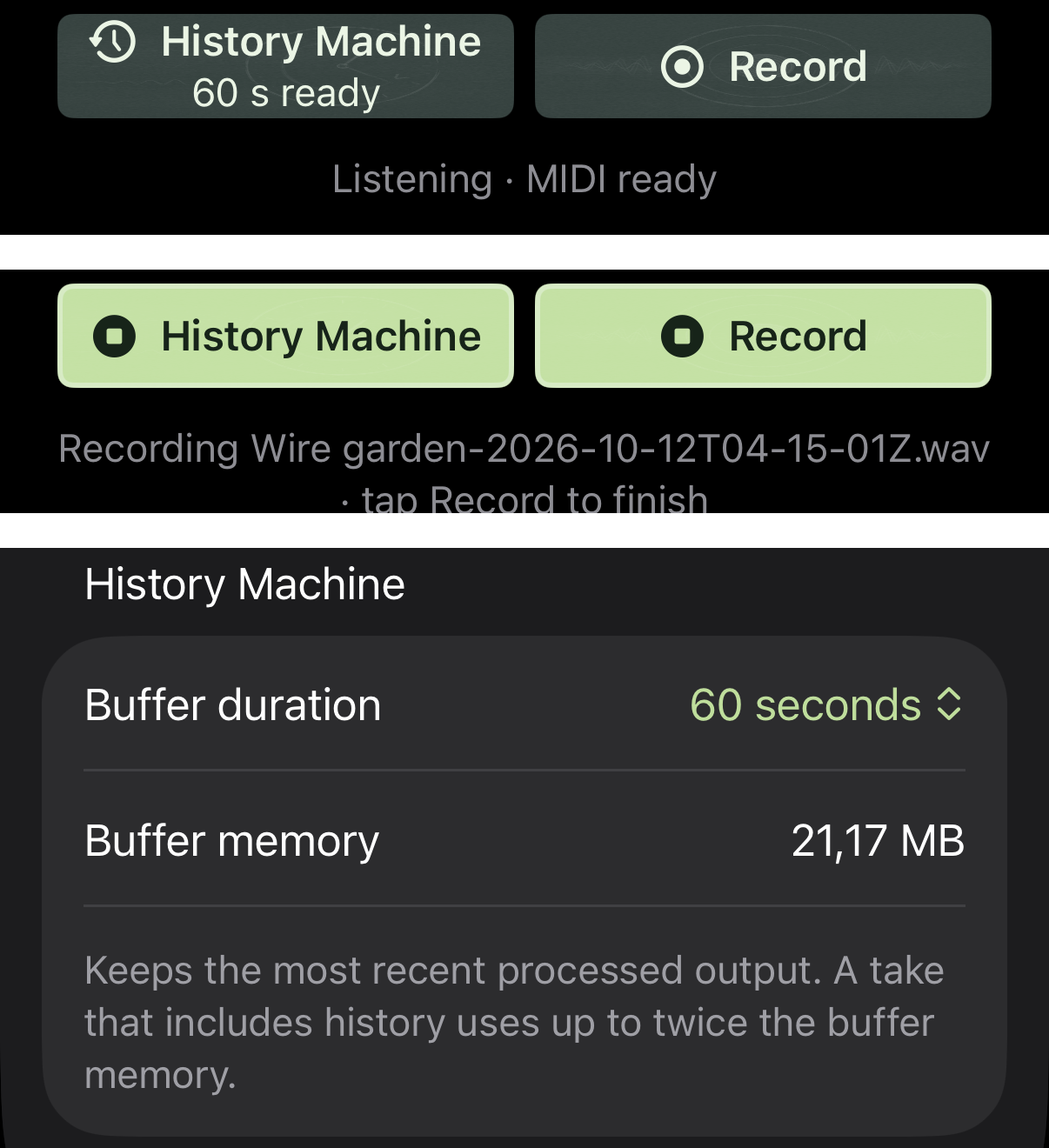 History Machine and Record buttons with buffer settings