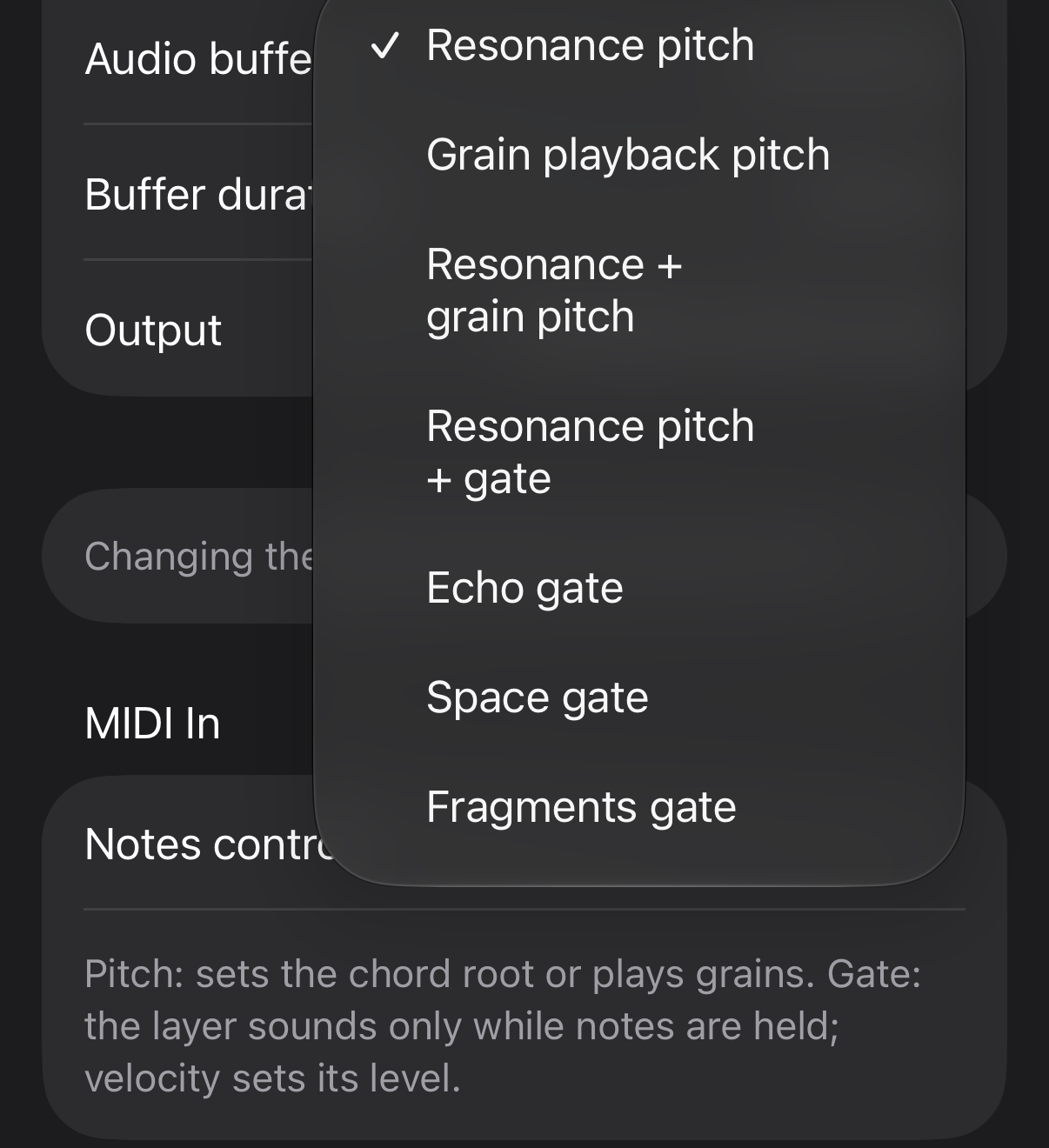 MIDI Notes control options in Settings