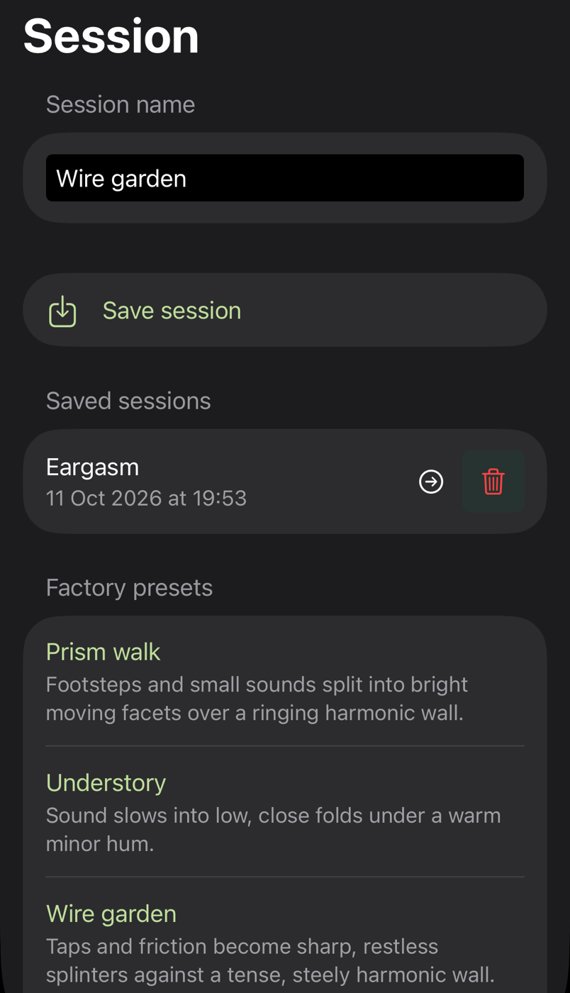Session browser with saved sessions and factory presets