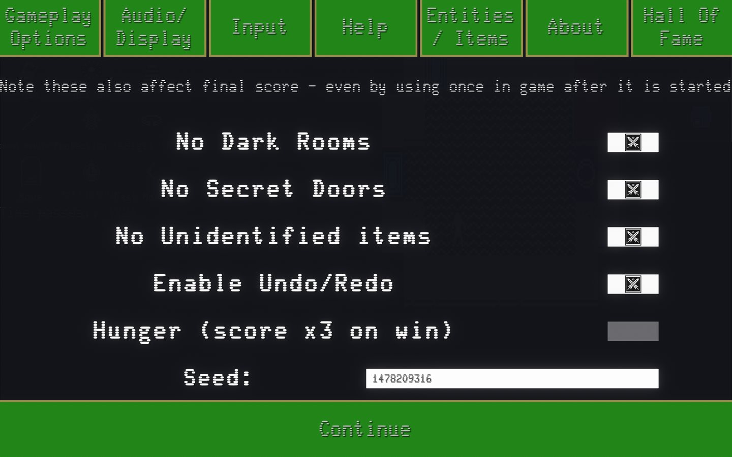 Gameplay options screen